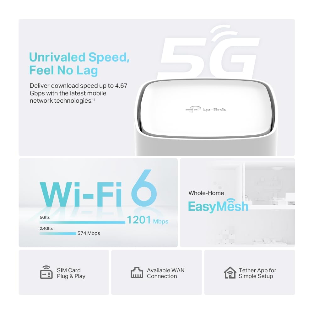 TP-Link Archer NX200 5G Wi-Fi 6 AX1800Mbps Router with SIM, Dual Band, Plug & Play, Gigabit WAN/LAN Port, 4K-QAM, Beamforming, 8×5G/LTE, 2×Wi-Fi Internal Antennas, EasyMesh, HomeShield