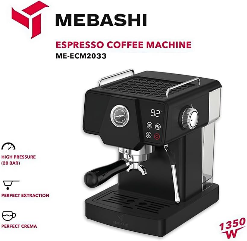 MEBASHI ME-ECM2033 Espresso Coffee Machine - 19 Bar Pressure, 1.8L Capacity, Stainless Steel with Touch Screen, PID Temperature System, and Steam Wand| 1350W