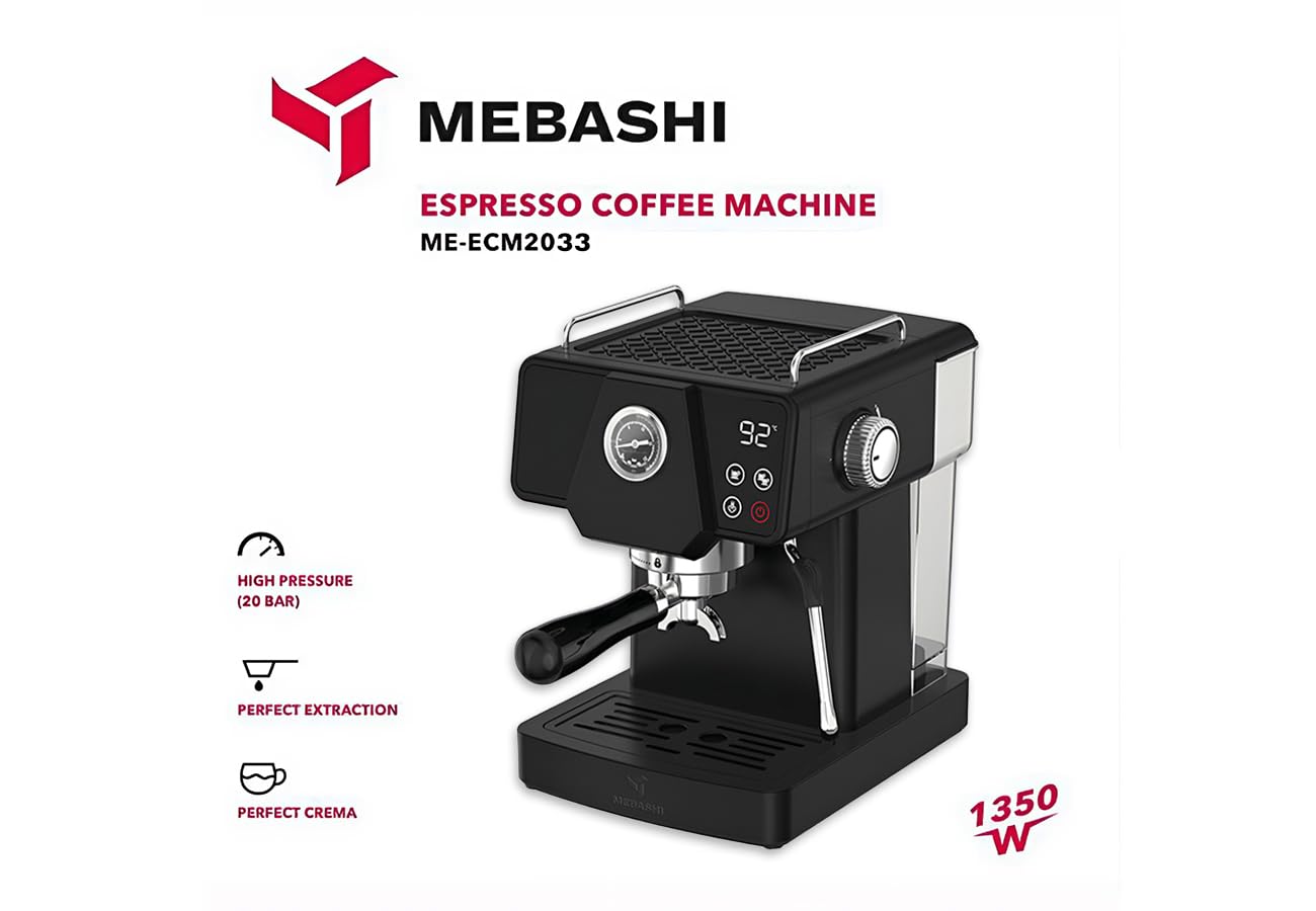 MEBASHI ME-ECM2033 Espresso Coffee Machine - 19 Bar Pressure, 1.8L Capacity, Stainless Steel with Touch Screen, PID Temperature System, and Steam Wand| 1350W