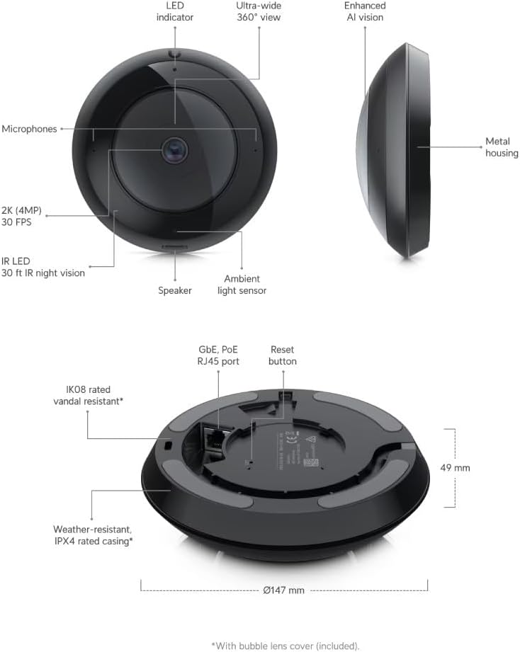 Ubiquiti Networks Unifi Camera AI 360 Pan-Tilt-Zoom Sharp 1920x1920 Video Stream | 30 FPS IR LEDs| 360° Fisheye Lens IPX4-Rated Surveilance -Black/Grey