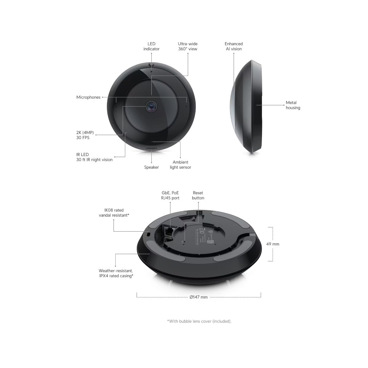 Ubiquiti Networks Unifi Camera AI 360 Pan-Tilt-Zoom Sharp 1920x1920 Video Stream | 30 FPS IR LEDs| 360° Fisheye Lens IPX4-Rated Surveilance -Black/Grey