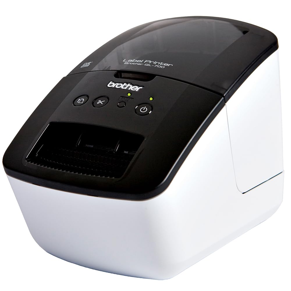 Brother QL-700 Label Maker, USB 2.0, Address Label Printer, Desktop, Up to 62mm Wide Labels, UK Plug, Black Print Only