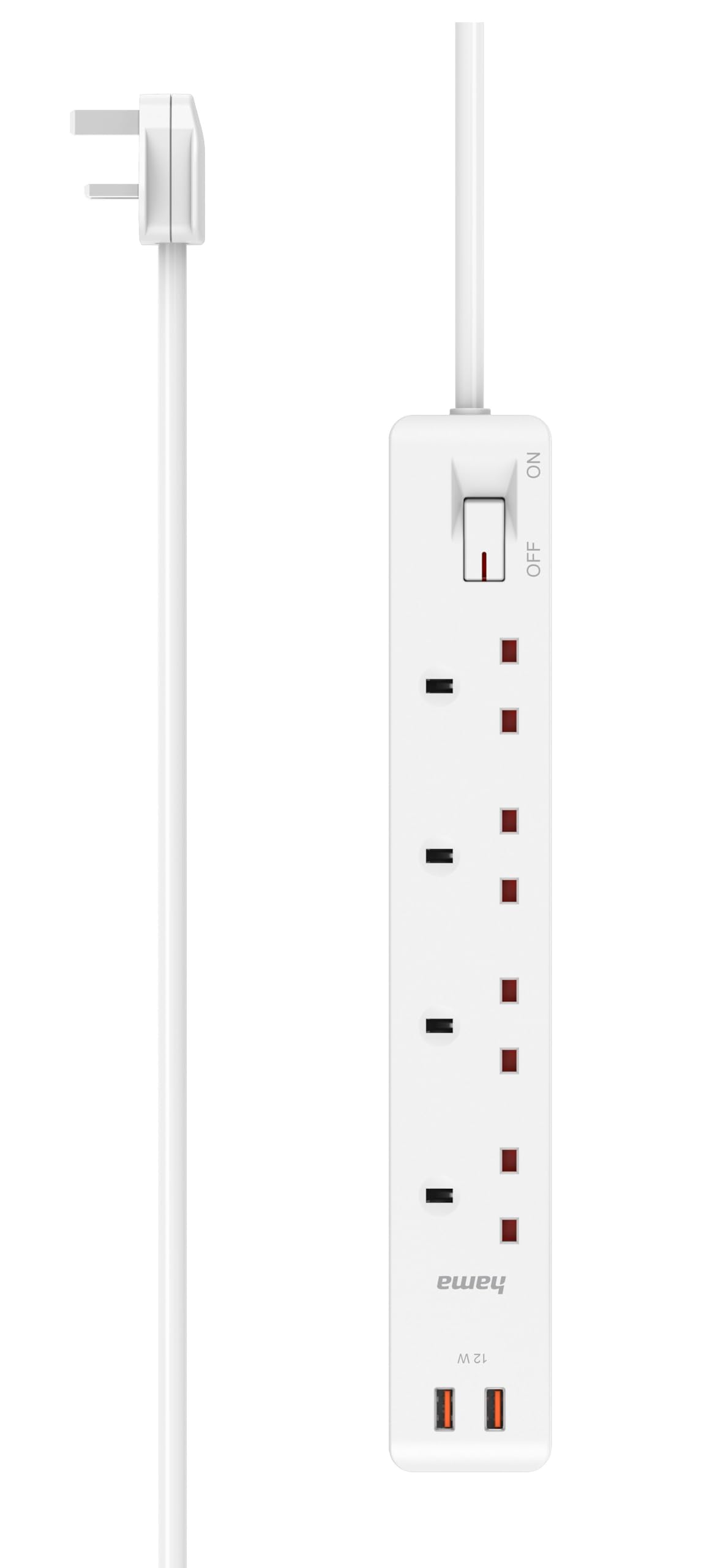 هاما شريط طاقة D3223852 رباعي الاتجاهات 2X USB-A 12 واط بقابس بريطاني، طول 3 متر، ابيض
