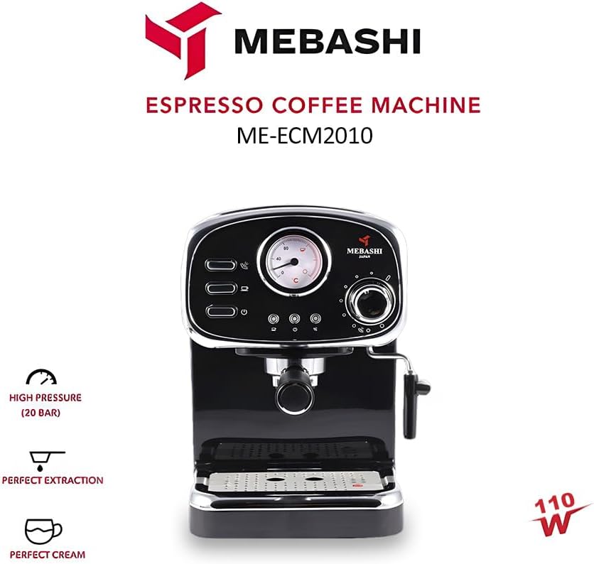 مايباشي ماكينة تحضير قهوة اسبريسو ME-ECM2010W - 20 بار، 1.25 لتر، اسود مع ميزان حرارة ومقبض بخار قابل للتعديل