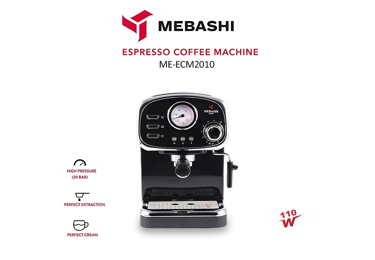مايباشي ماكينة تحضير قهوة اسبريسو ME-ECM2010W - 20 بار، 1.25 لتر، اسود مع ميزان حرارة ومقبض بخار قابل للتعديل