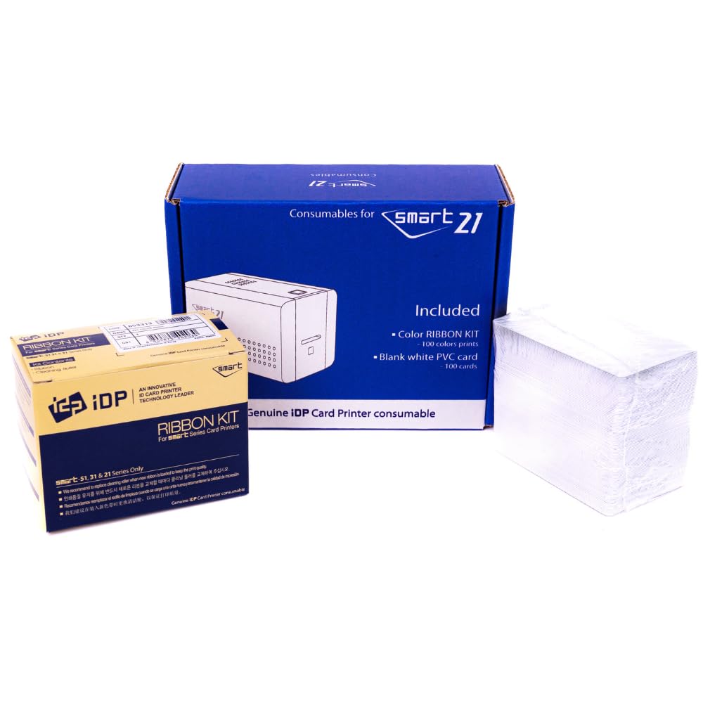 IDP SMART-21 YMCKO Original Consumables Kit with 100 Color Ribbon, 100 Primus Plastic PVC Cards and Cleaning Roller (Not Compatible with IDP Solid Brand Products)