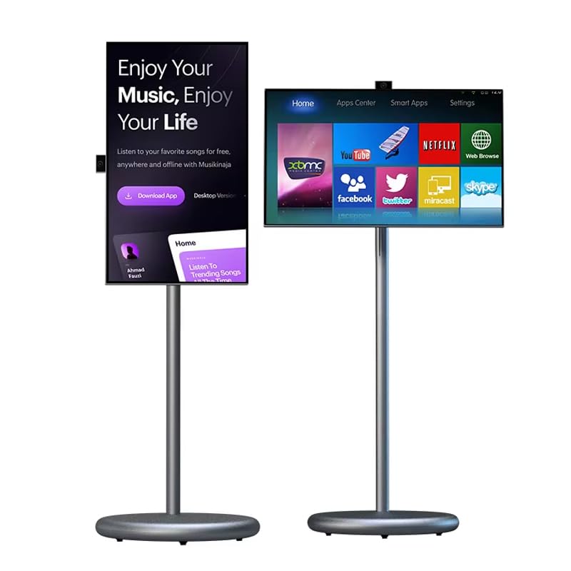 Tactic 27-Inch Portable Smart Display Floor Stand with Built-in Camera - Android Portable Screen with 90-Degree Rotation, Netflix Ready, High-Quality Display, Easy to Transport and Travel-Friendly (Gray)