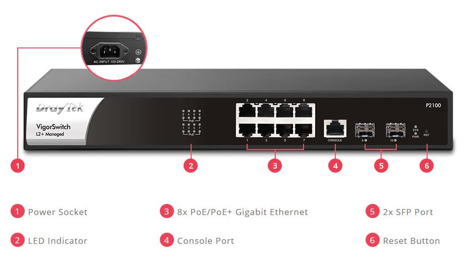 درايتك VigorSwitch P2100 - L2+ - مدار - 8 منافذ جيجابت (PoE+) + 2 × جيجابت SFP (أوبلينك)