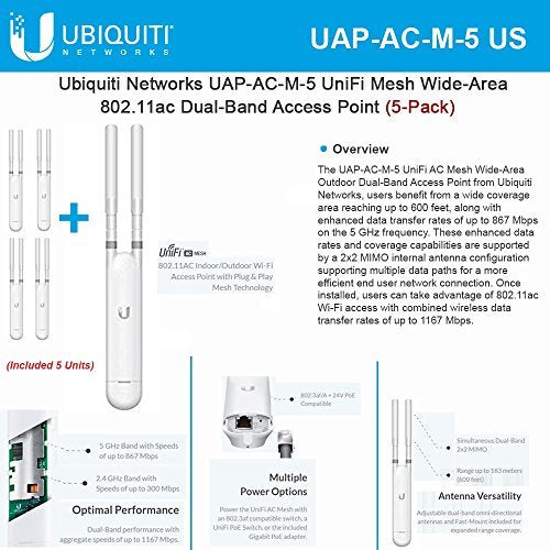 يوبيكويتي نيتوركس نقطة وصول شبكية واسعة النطاق يونيفاي UAP-AC-M-5 802.11ac (5 قطع)