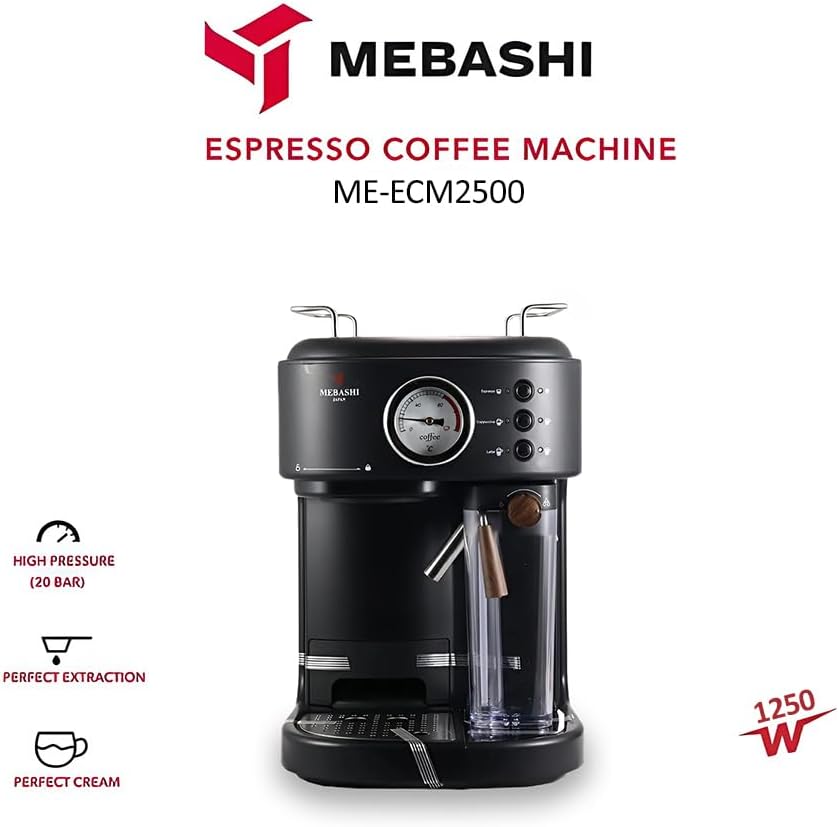 مايباشي ماكينة تحضير قهوة اسبريسو ME-ECM2500 مع خزان حليب 500 مل - 1.5 لتر، 15 بار، اسود، تشغيل بزر واحد (اسود)| 1250 واط