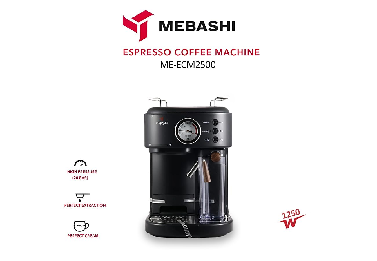 مايباشي ماكينة تحضير قهوة اسبريسو ME-ECM2500 مع خزان حليب 500 مل - 1.5 لتر، 15 بار، اسود، تشغيل بزر واحد (اسود)| 1250 واط