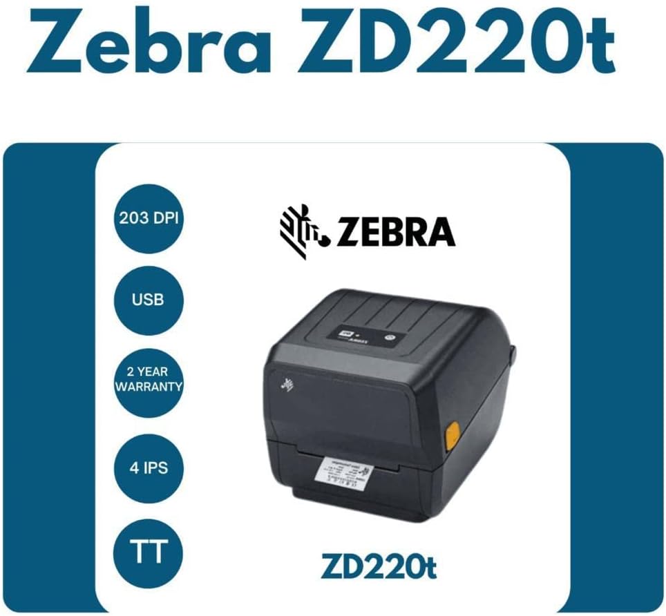 Zebra [ZD-220T] Direct Thermal Transfer Barcode Printer | 203 DPI Resolution | 4-inch Print Width | USB | Office Labels | Shipping Labels | Jewelry Labels | Clear Label