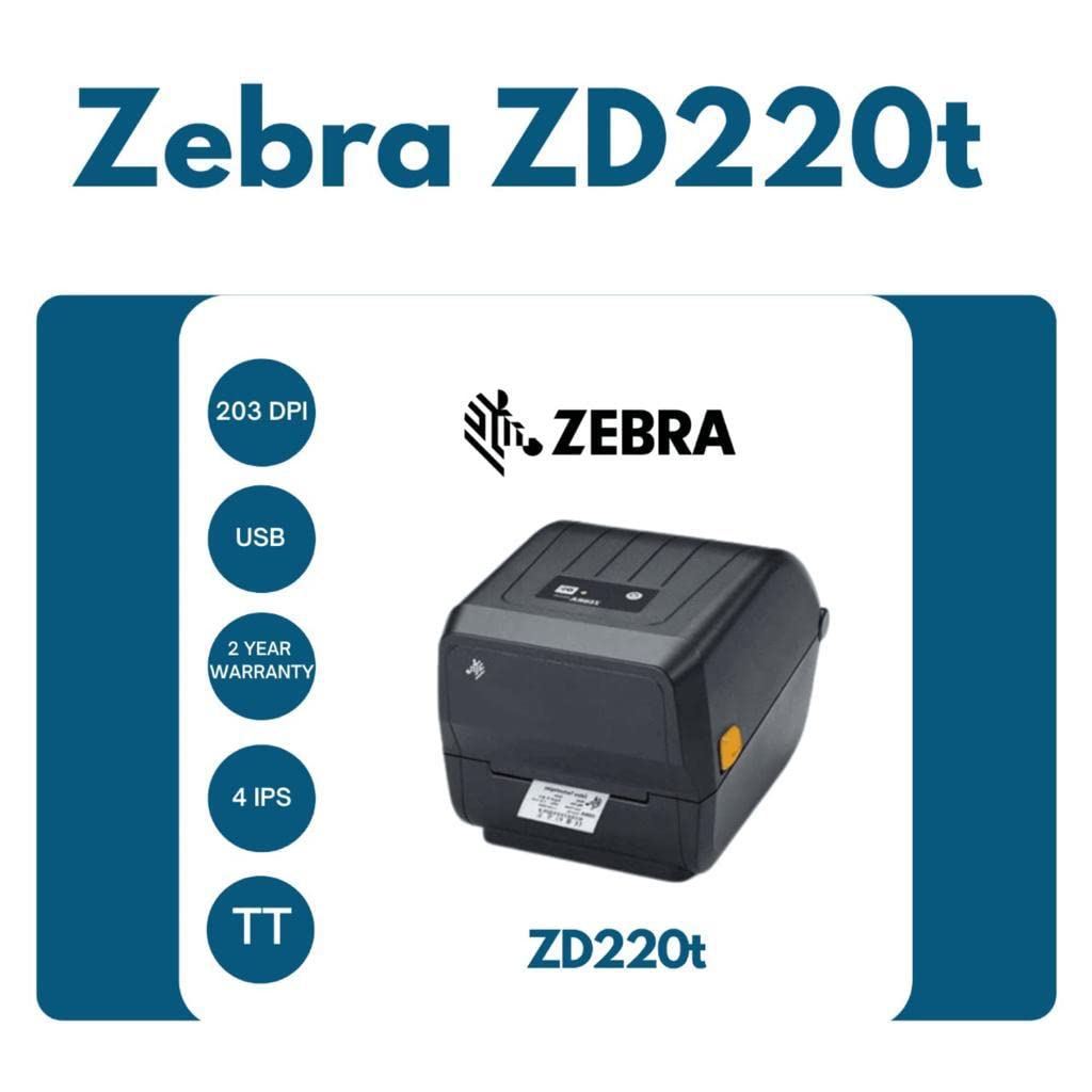 ZEBRA [ZD-220T] 4 Inch Barcode Printer | Direct Thermal | Thermal Transfer | Resolution 203DPI | USB | Office Label | Shipping Labels | Jewelry Labels | Transprent Label | Win/Andriod/iOS