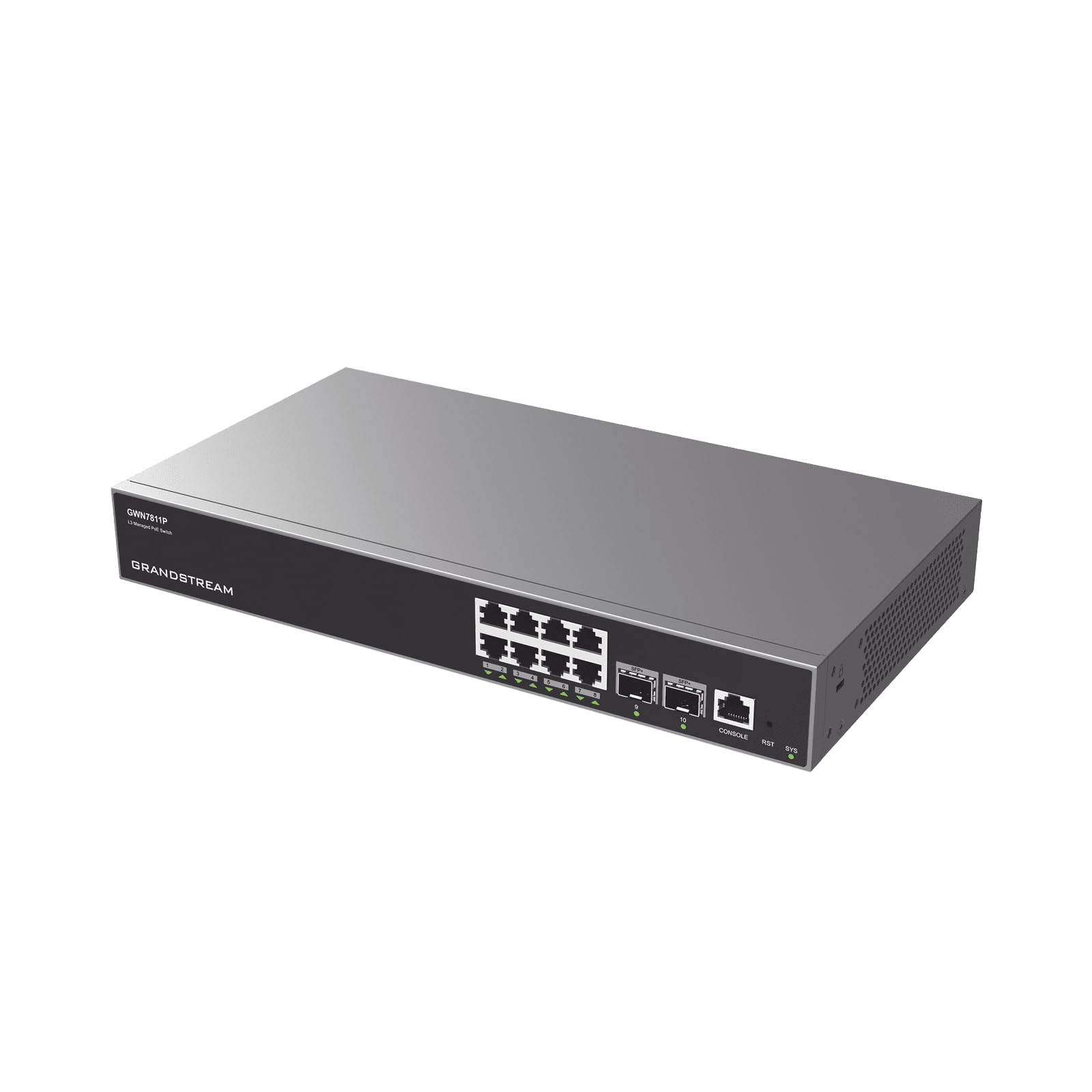 جراندستريم GWN7811P مفتاح طبقة مدار (طبقة) 3. المنافذ: 8X GbE RJ45 PoE 802.3 AF/at ، 30 واط لكل منفذ، 2X SFP+, علامة تجارية بدون مروحة، PRO0457860