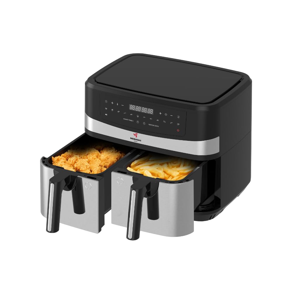 Mebashi Dual Basket Air Fryer with Digital Display, 1800 Watt Capacity 2 x 4.5 Liter, Total 9 Liter, Rapid Air Technology, 12 Preset Functions (ME-AF997)