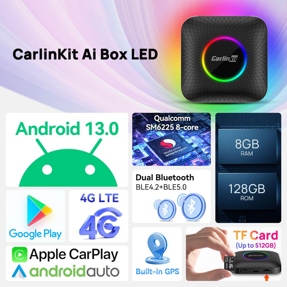 كارلين نت تي بوكس اس (الجيل الجديد)، شريحة كوالكوم 6225 مع 8+128GB، شبكة اتصال خلوية، 4G، شريحة اتصال/تي اف، جوجل بلاي، مناسبة فقط للسيارات السلكية في المصنع/ايه ايه، اندرويد 13 ايه اي بوكس اصدار فائق