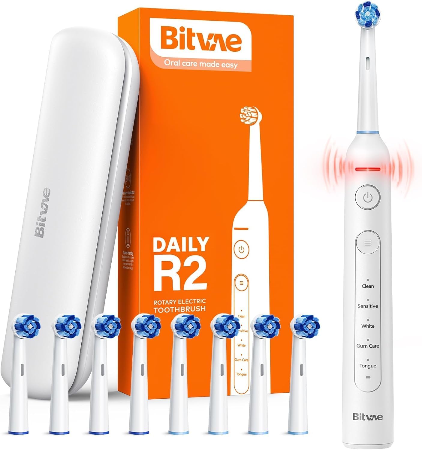 R2 Rotating Electric Toothbrush, 5 Modes (Clean, Sensitive, White, Tongue & Gum Care), 8 Replacement Heads, Cleans 4X More Plaque, 30-Days Battery Life, White | R2