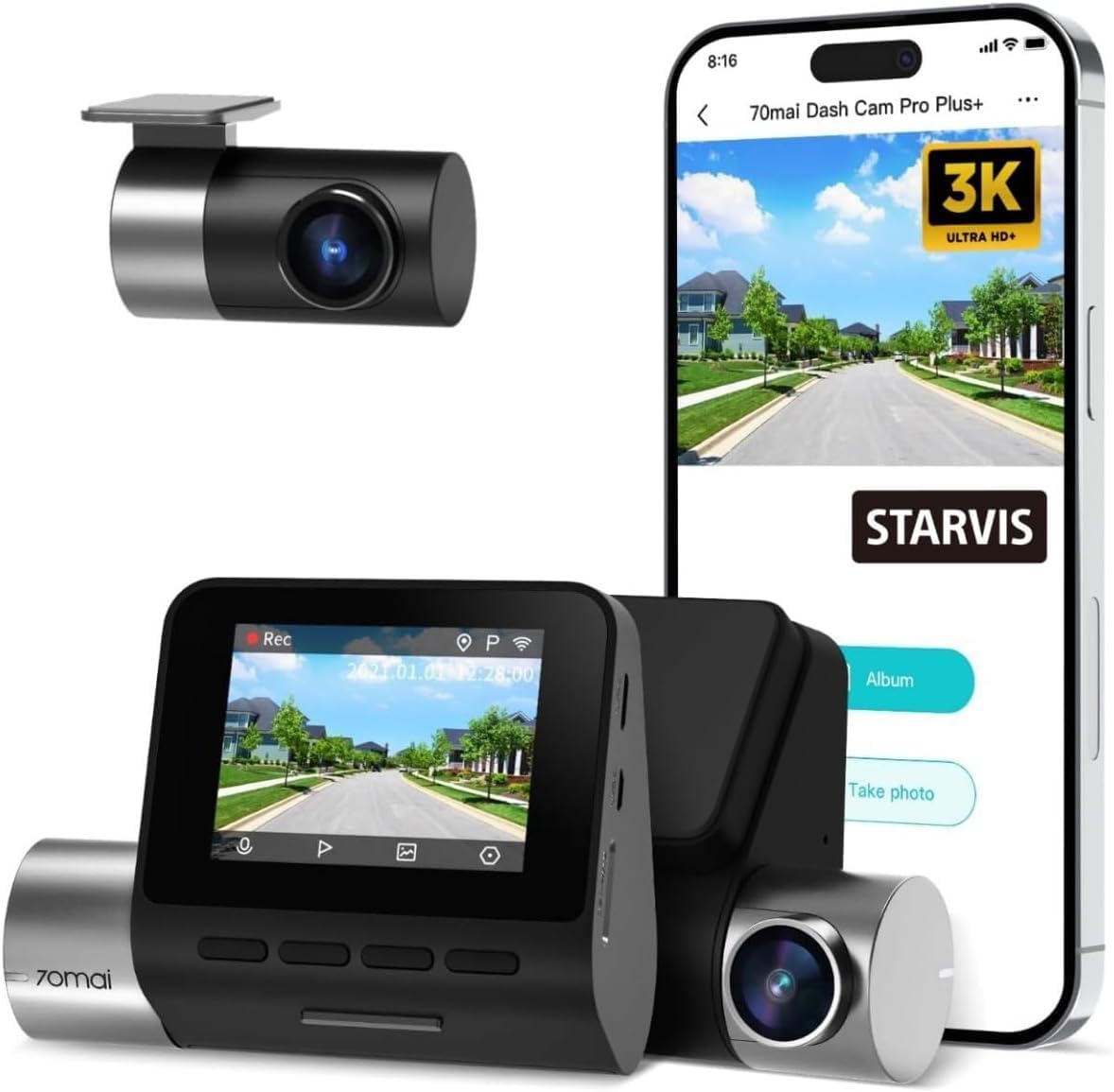 70mai A500S Dash Cam Pro Plus Smart Set - Dual Video Recording, 5MP Resolution, 140° Wide Viewing Angle, Free WiFi, 24-Hour Parking Screen for Enhanced Safety