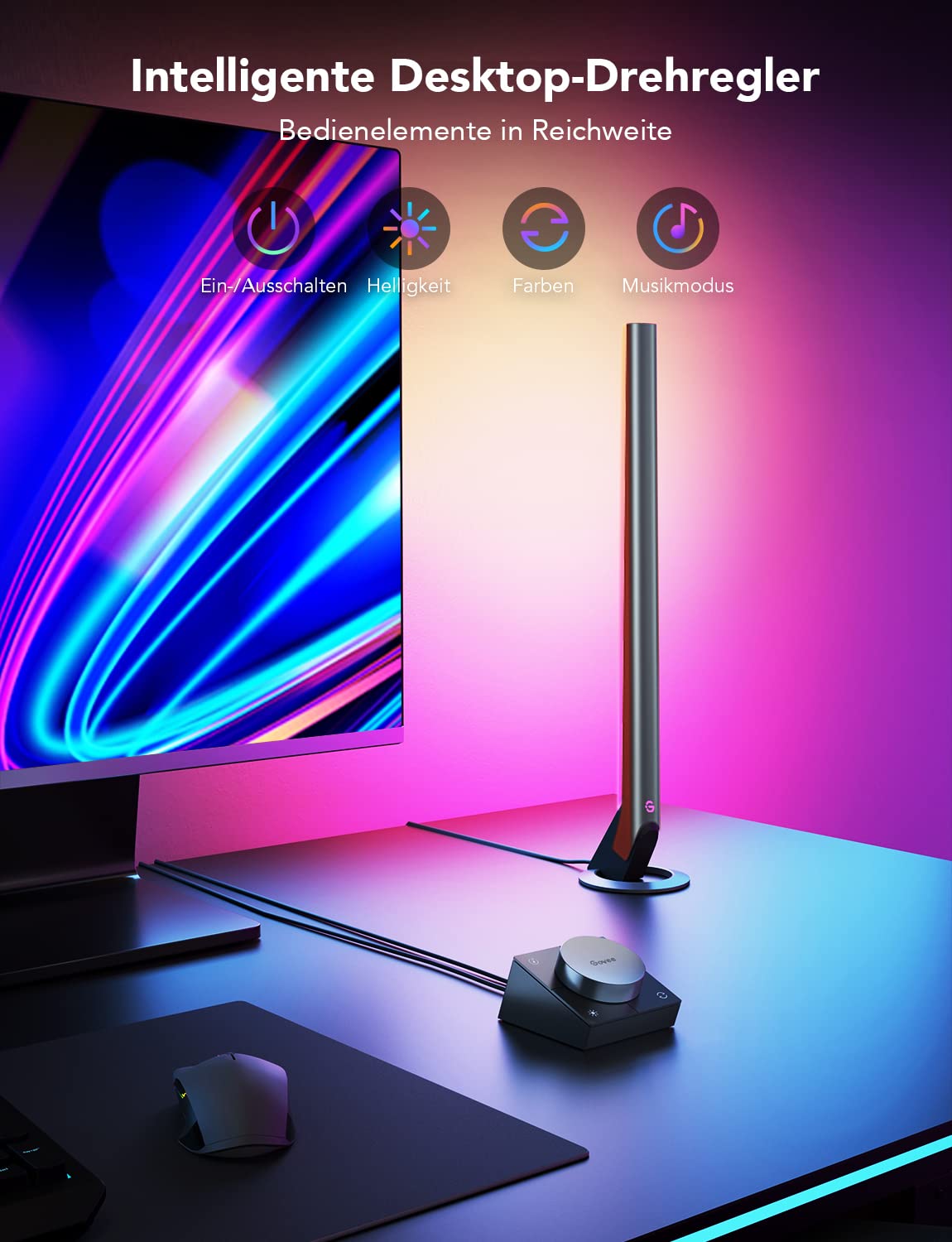 Govee WiFi Gaming LED Light Strip with Desktop Controller RGB IC, 42cm, Music Sync for PC and TV, 60 Modes, Compatible with Alexa and Google Assistant, App Control