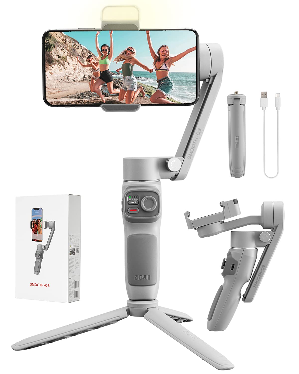 ZHIYUN Zhi yun Smooth Q3 Smartphone Gimbal Stabilizer Handheld 3-Axis with LED Fill Light Grip Tripod Vlog Compatible with iPhone 12 11 PRO MAX X XR XS Android with Gesture Control