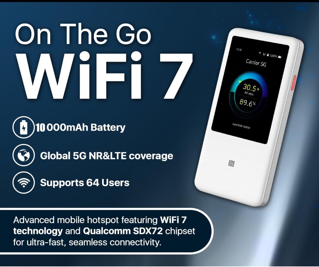 ZTE U60 Pro 5G WiFi Router, WiFi 7, 4.29 Gbps Download Speed, Snapdragon X75, 10000mAh Battery, Supports 64 Devices, 3.5-inch Touchscreen, NFC, AI-Powered