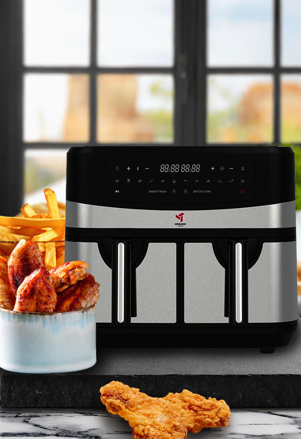Mebashi Dual Basket Air Fryer with Digital Display, 1800 Watt Capacity 2 x 4.5 Liter, Total 9 Liter, Rapid Air Technology, 12 Preset Functions (ME-AF997)