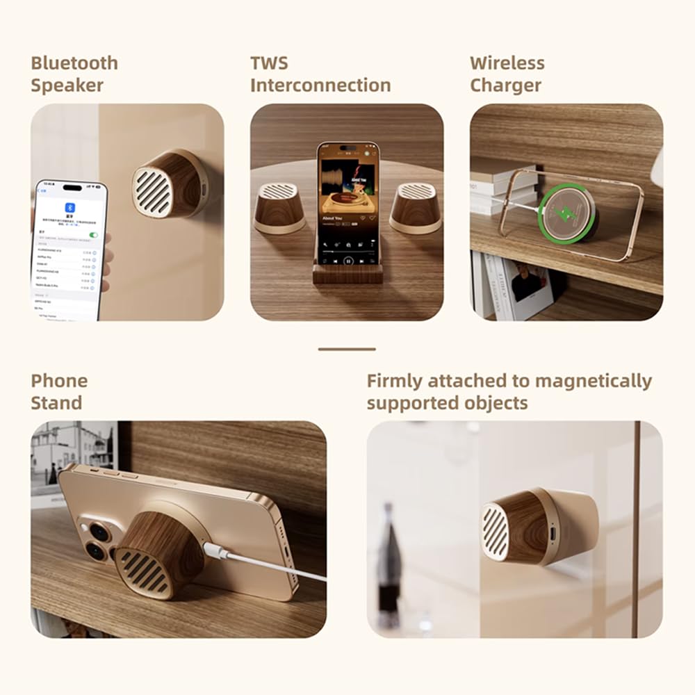 EZVALO K13 Magnetic Charger and Mini Speaker 4-in-1 - Wireless Bluetooth Speaker with Fast Charging, Phone Stand and Magnetic Holder, TWS Pairing, Multi-Angle Display for iPhone and Qi-Enabled Devices