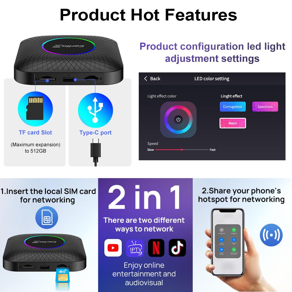 CarlinKit CarPlay Ai Box Android 13.0 with LED Light for Car with Wired CarPlay and Touchscreen,Bulit-in 4G Net,8-Core 8+128G,GPS,YouTube,Netflix,Google Play,Wired to Wireless CarPlay and Android Auto