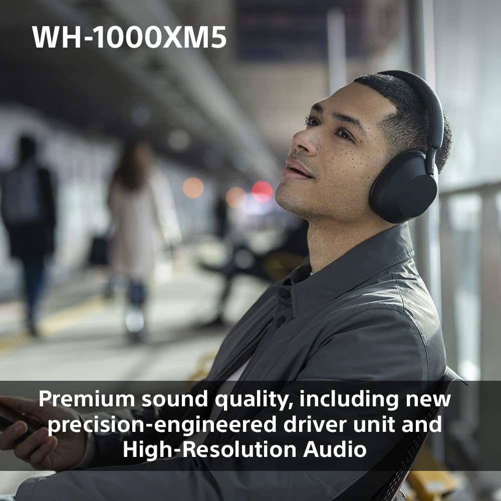 سماعات لاسلكية سوني WH 1000XM5 بخاصية الغاء الضوضاء لمدة 30 ساعة، عمر البطارية فوق الأذن مُحسَّن من أجل أليكسا وجوجل المساعد مع ميكروفون مدمج للمكالمات الهاتفية أسود، مقاس واحد