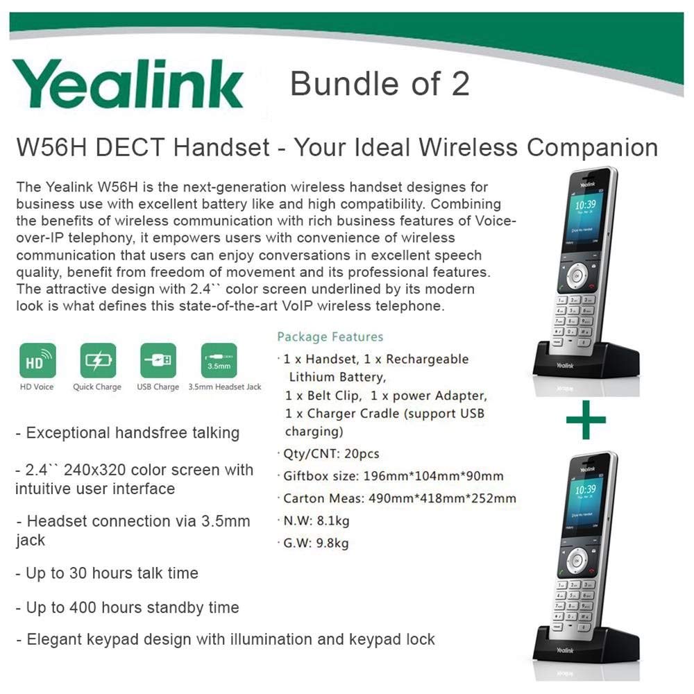 حزمة من 2 هاتف IP DECT من يالينك W56H سماعة هاتف VoIP ، صوت HD ، شحن سريع