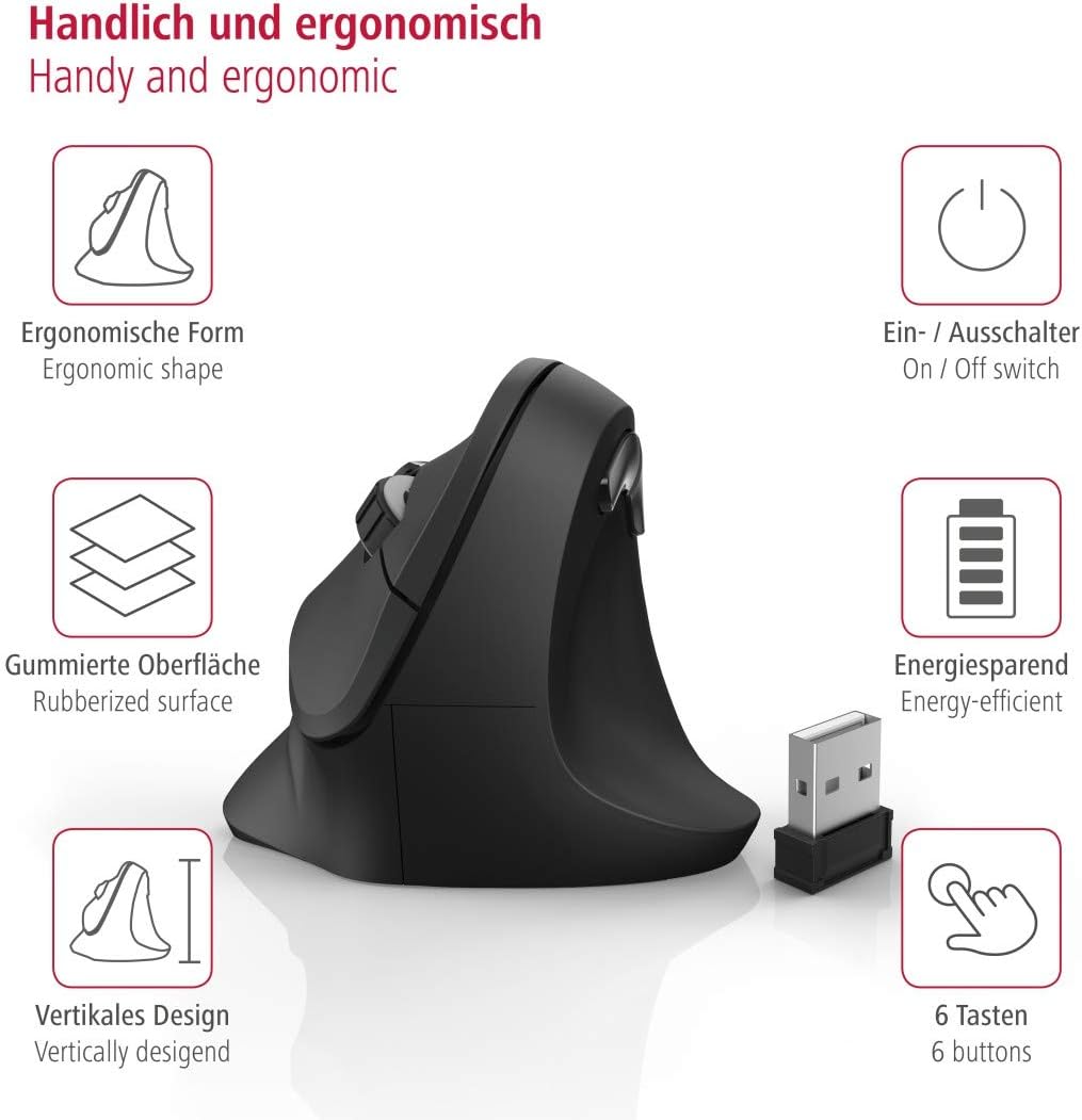 هاما ماوس لاسلكي عمودي مريح "EMW-500" 182699، 6 ازرار، اسود - (عبوة من قطعة واحدة)، USB