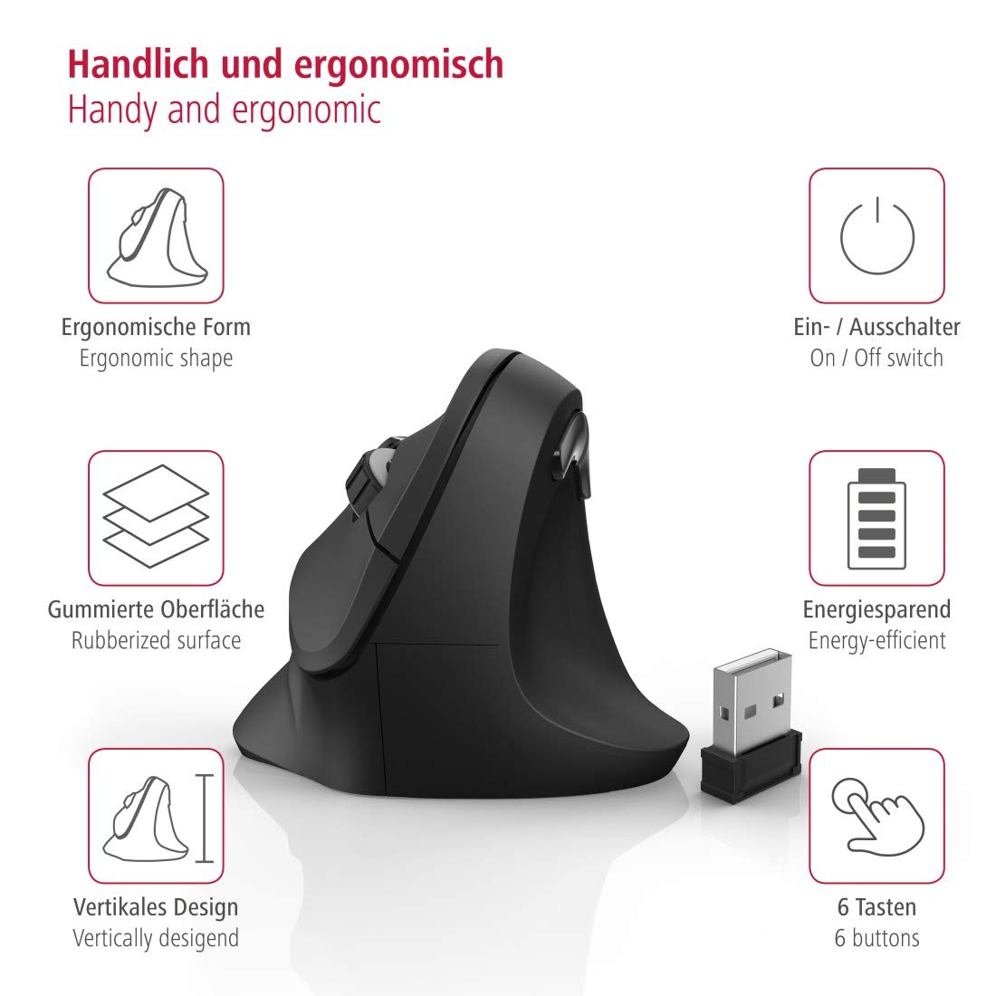 هاما ماوس لاسلكي عمودي مريح "EMW-500" 182699، 6 ازرار، اسود - (عبوة من قطعة واحدة)، USB
