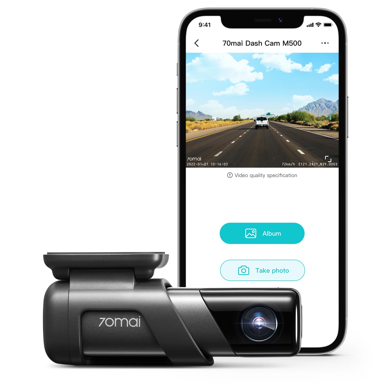 70mai True 2.7K 1944P Dash Cam M500, eMMC Built-in 128GB Memory, Powerful Night Vision with HDR, 170° FOV, 24H Parking Monitoring, Time Lapse Recording, Built-in GPS, ADAS, App Control