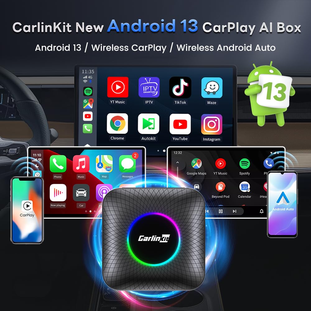 Carlinkit Wired CarPlay Adapter for Car AI Box 3.0, Built-in GPS, Android 13.0, Ultra Slim, Octa-Core, Dual Bluetooth, for YouTube, Wireless CarPlay and Android Auto with SIM Card