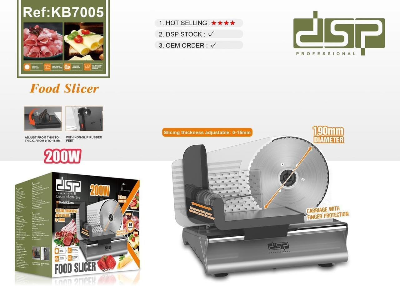 Meat Slicer, 200w Electric Slicer with a Detachable Stainless Steel Blade and Food Holder, 0-15mm Adjustable Thickness Household Meat Slicer, Food Slicer, KB7005
