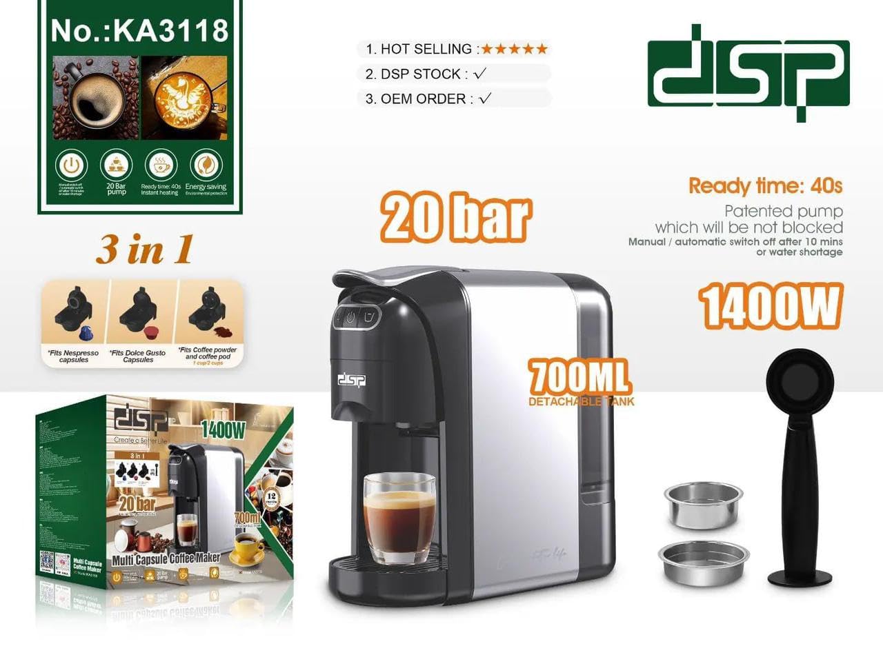 DSP 3 in 1 Multi-function Espresso Capsule Coffee Machine –20 Bar 1400W Coffee Maker with 700ML Detachable Water Tank, 3 Optional Adaptors, Auto Shut Off | KA3118
