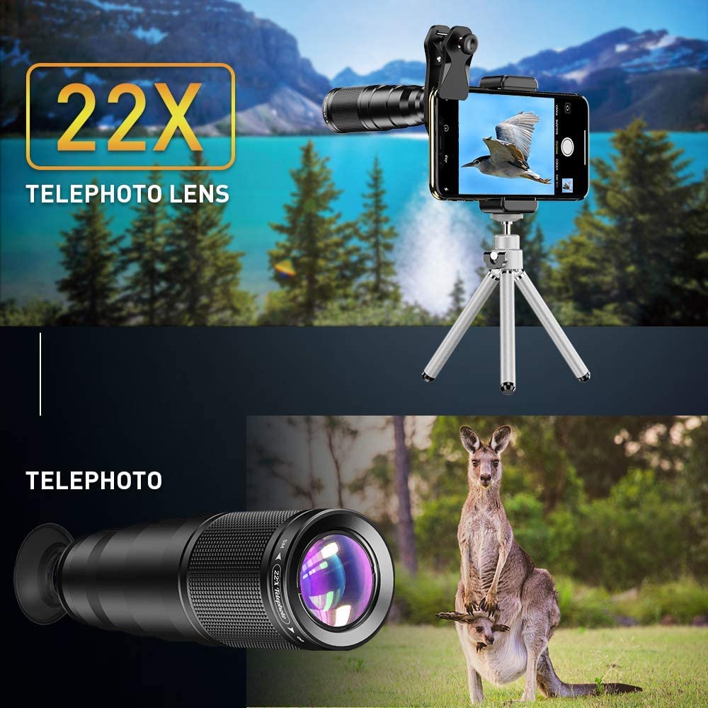 Apexel Phone Lens Kit 6 in 1, 22X Telephoto Lens, 205° Fisheye Lens, 120° Wide Angle Lens & 25X Macro Lens(Screwed Together), Compatible with iPhone 11 8 7 6 6s Plus X Xs/Max XR Samsung