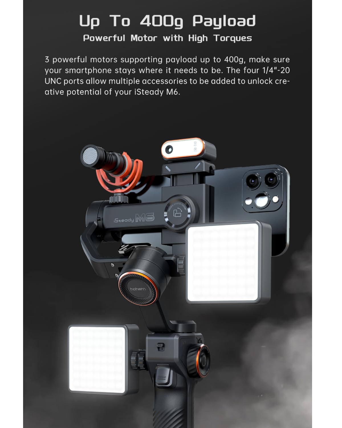Hohem iSteady M6 Gimbal Stabilizer Kit for Smartphones, 3-Axis with AI Tracking Sensor and Magnetic Fill Light 0.9 Inch and OLED Display Max Load 400g, Gimbal Stabilizers for iPhone and Android