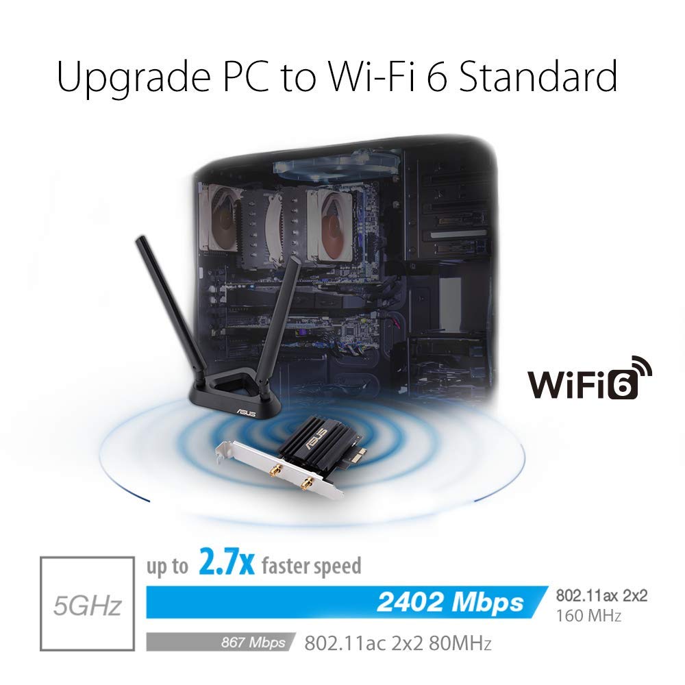 اسس محول لاسلكي AX3000 (Pce-AX58BT) الجيل التالي WiFi 6 ثنائي النطاق بمنفذ PCIe مع بلوتوث 5.0 - اوفدما، ام يو ميمو 2×2 وWpa3، اسود