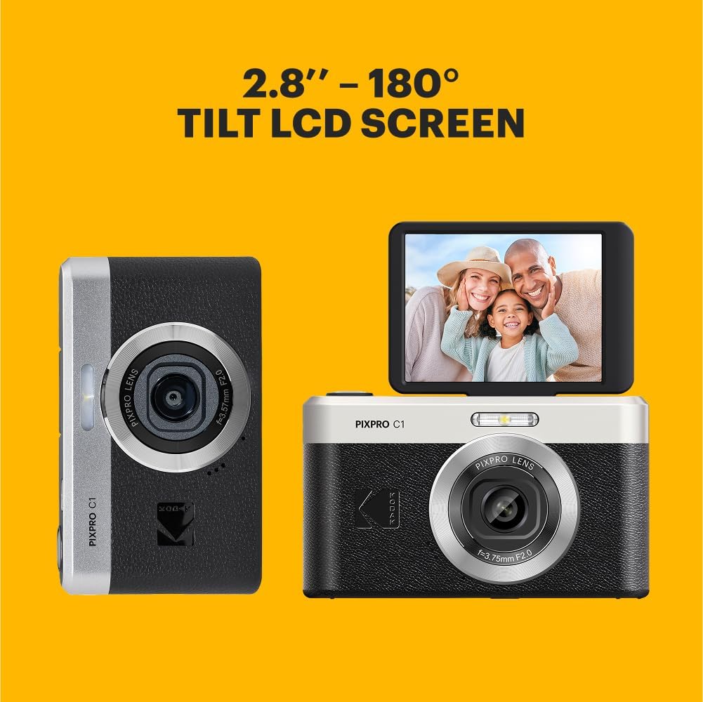 كوداك كاميرا رقمية صغيرة للغاية C1 من بيكسبرو | 13MP BSI CMOS، تكبير 4X، شاشة LCD 2.8 انش، فلاش LED، بطارية مدمجة - اسود