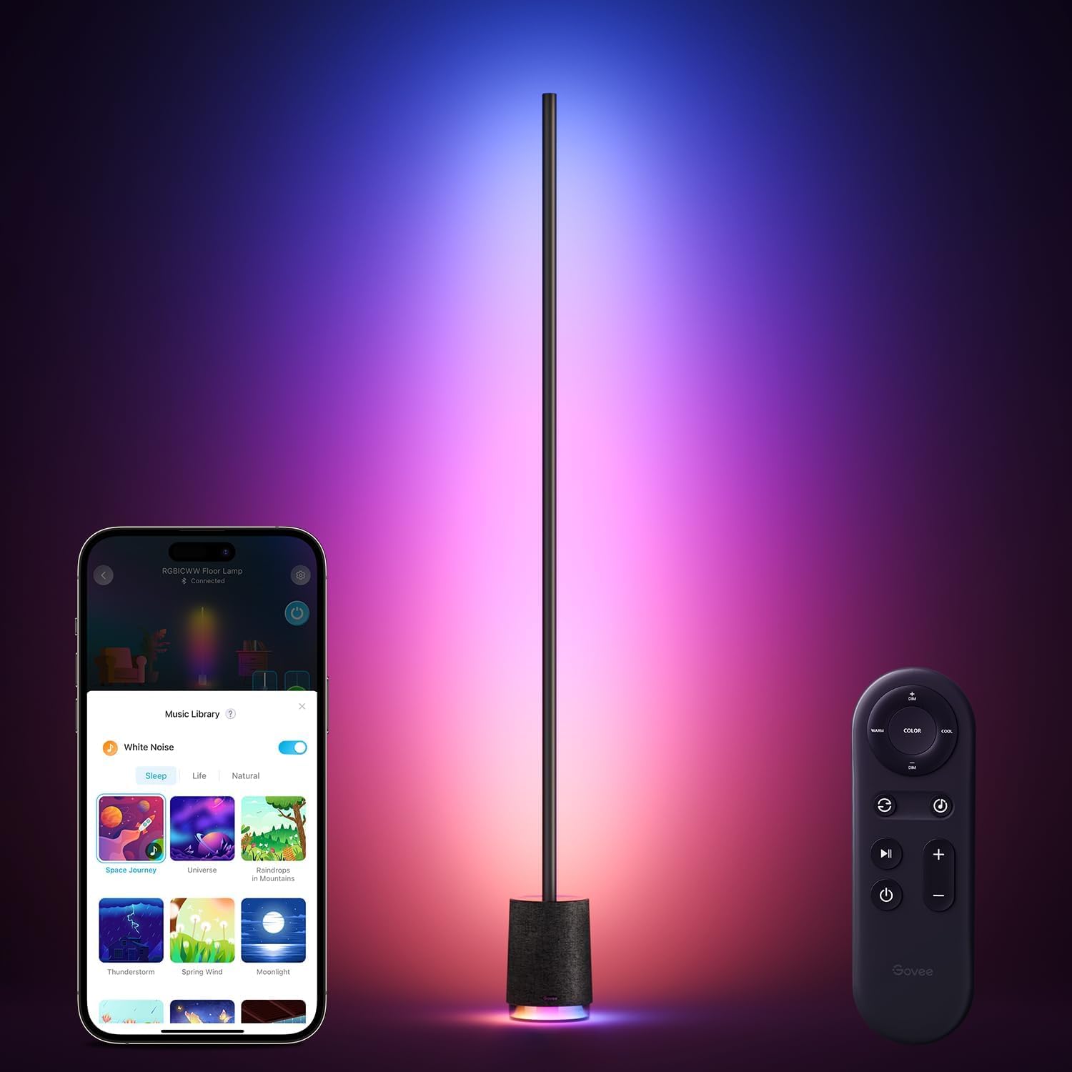 Govee RGBICWW Floor Lamp Pro, Bluetooth Speaker, White Noise Sound Machine, LED Lamp, 2100 lumens, 16 Million Colours, Music Sync, 81+ Scenes for Bedroom, Living Room, Black
