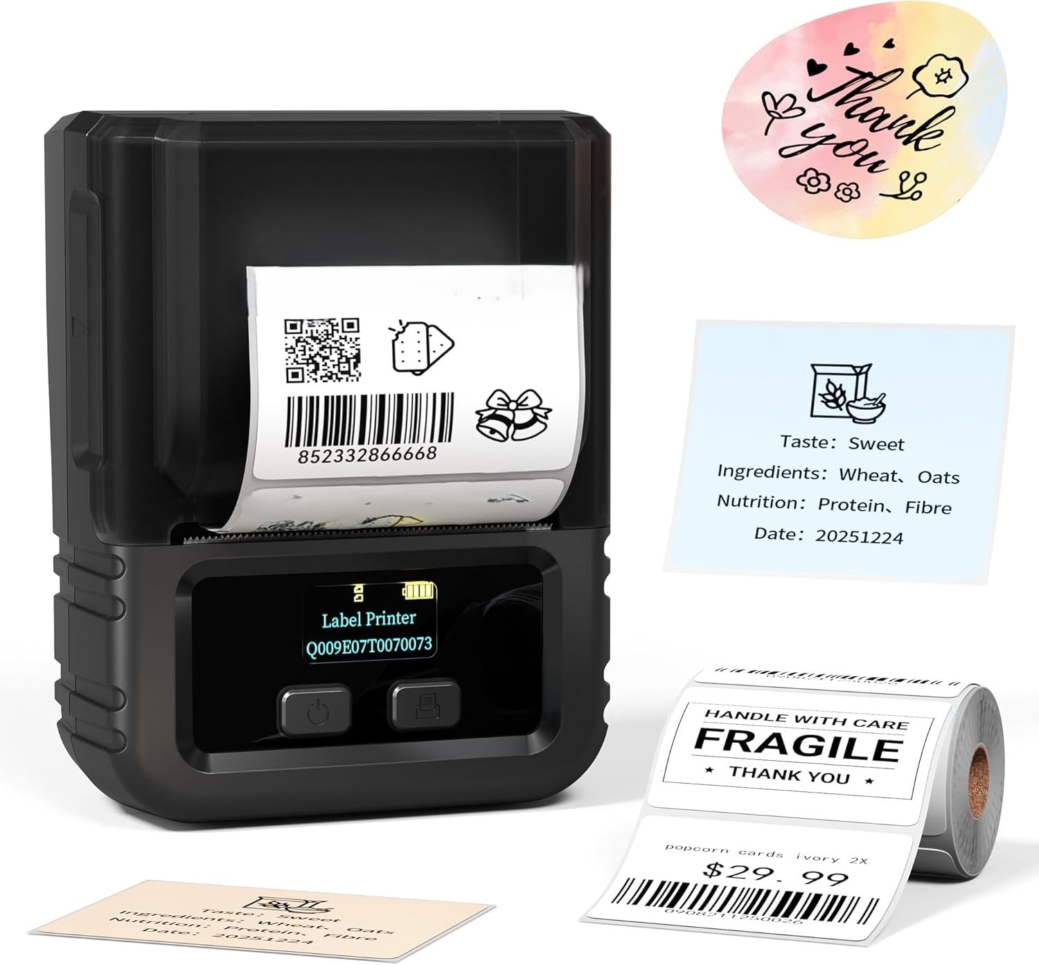 Fipka M120 Label Maker - Bluetooth Thermal Barcode Printer 2 inch 50mm Barcode Label Printer for Retail, QR Code and Small Business, Compatible with Android, iOS and PC, Black
