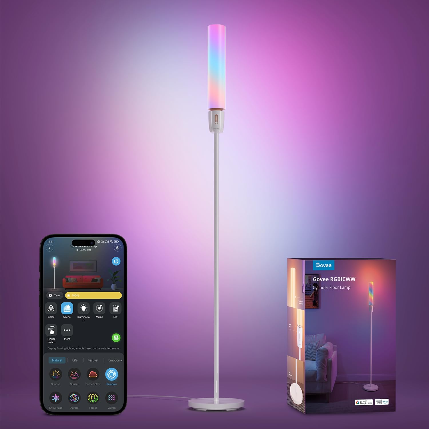 جوفي مصباح ارضي LED اسطواني ار جي بي اي سي مع تحكم عبر تطبيق واي فاي، مصباح ذكي مع اكثر من 64 مشهد، وضع تصنعه بنفسك، 1500 لومن، مصباح عصري لغرفة النوم