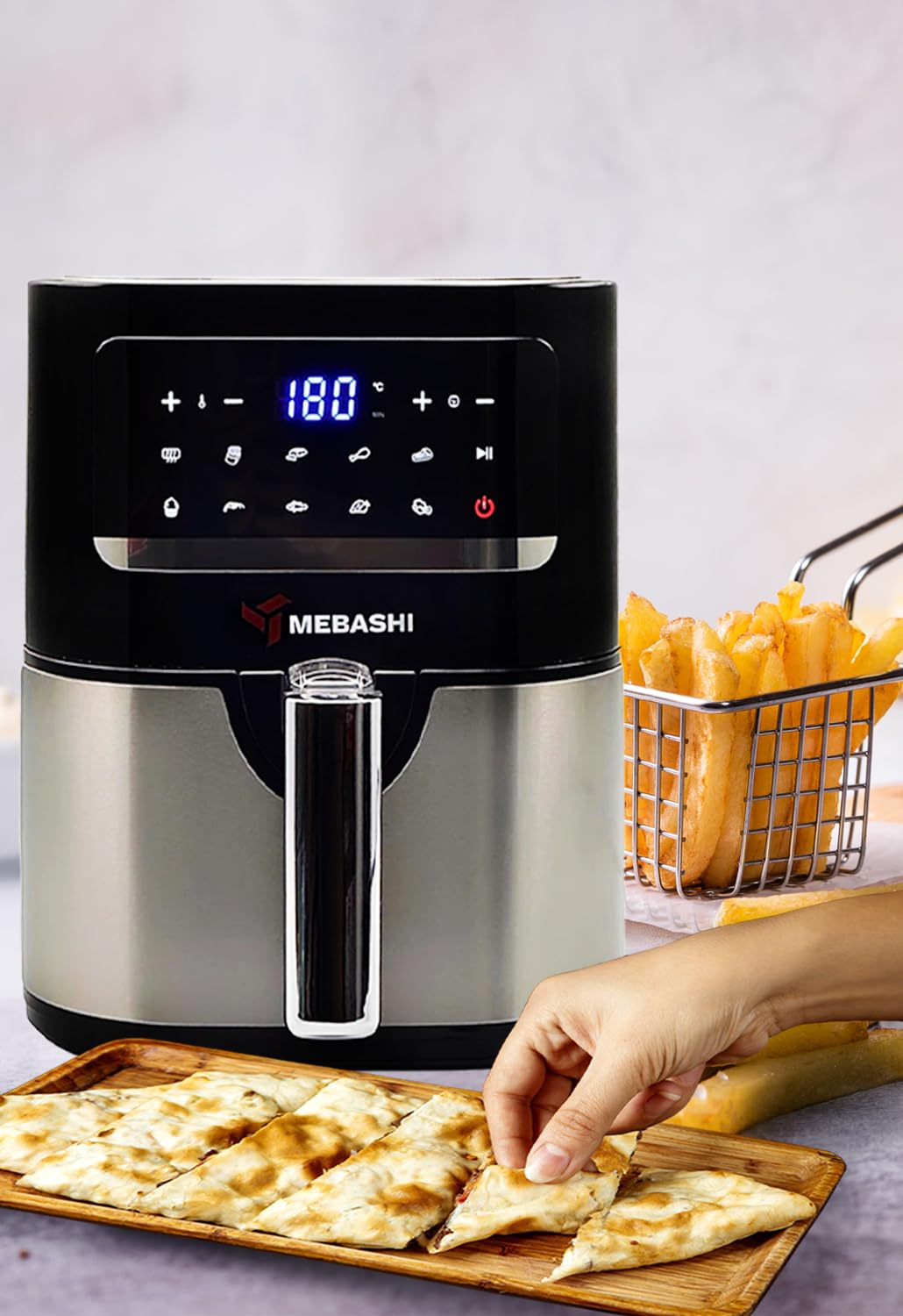 MEBASHI Air Fryer, 1600W 4.5L Capacity, Air Fryer Digital Display, 10 Pre-Set Cooking Programs, Non-Stick Coated Pot, Black Steel (ME-AF984)