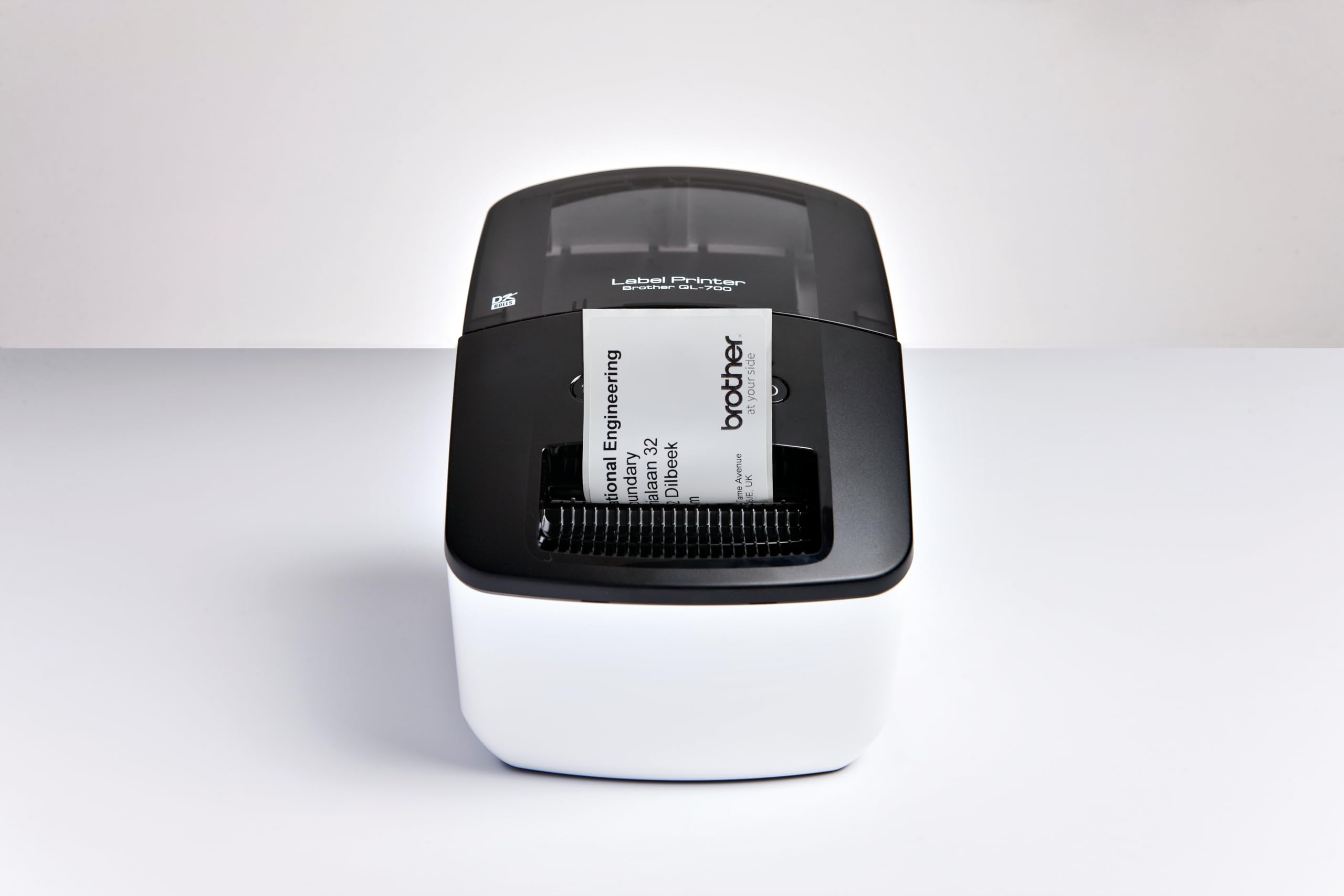 Brother QL-700 Label Maker, USB 2.0, Address Label Printer, Desktop, Up to 62mm Wide Labels, UK Plug, Black Print Only