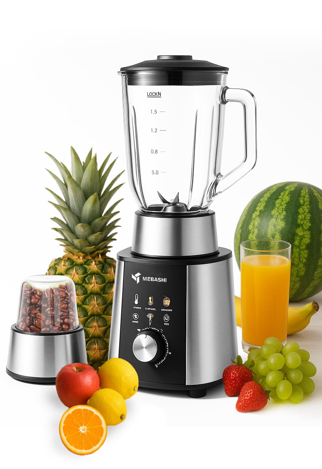 MEBASHI 2-in-1 Blender, 1.5 L, 1200 W, Black Steel, Glass Jar (ME-BL2000)