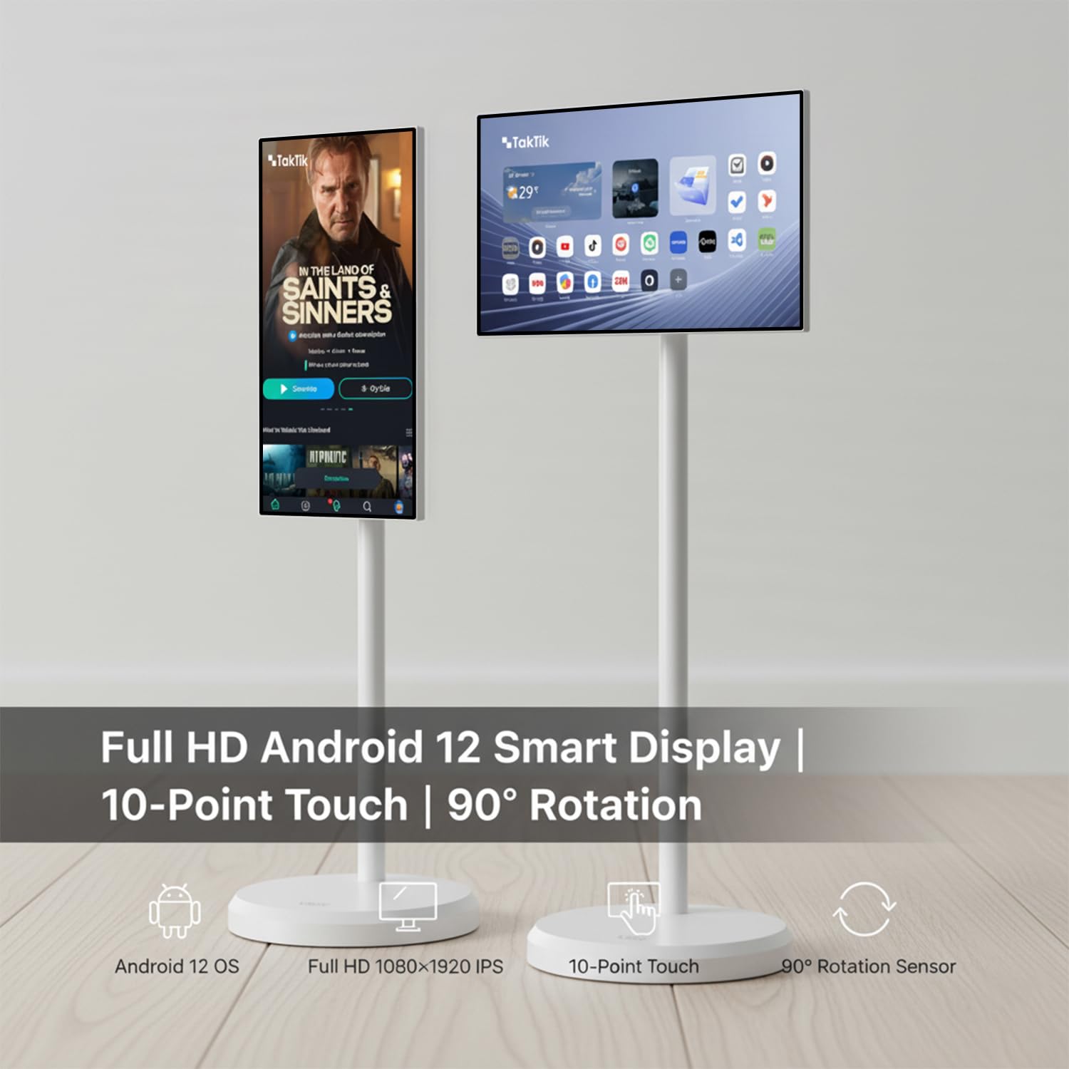 Taktik 21.5” Android Smart Screen LCD Display | Indoor Floor Standing Touch Screen with 1080p HD | Wireless Screen Mirroring |Built-in Battery | 3D Surround Sound Movable Stand Chromecast Ready