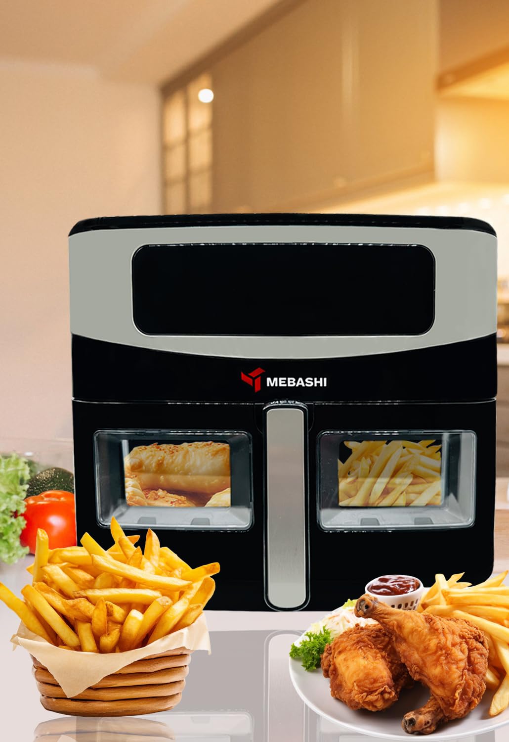 Maibashi Air Fryer 11 Liter, Digital Touch Cooking Machine, 360 Degree Thermal Rotation, Touch Control Panel, 11 Function Menu, Glass Window (ME-AF958) (1700-2050 Watts)