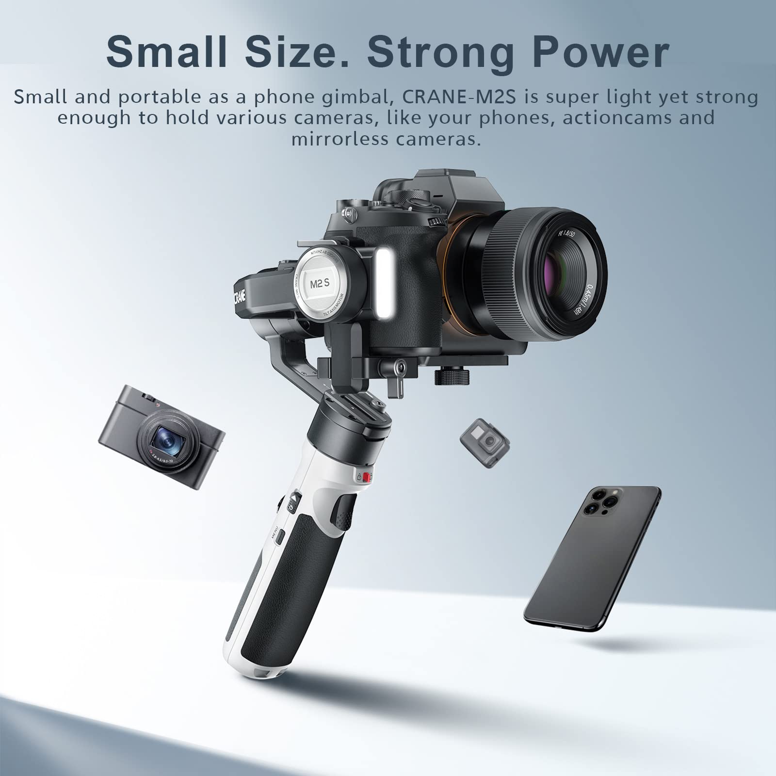 Zhiyun Crane M2S Gimbal Stabilizer for Mirrorless Camera Action Camera and Smartphone, Upgrade with Integrated Fill Light(Combo with Trendy Bag)