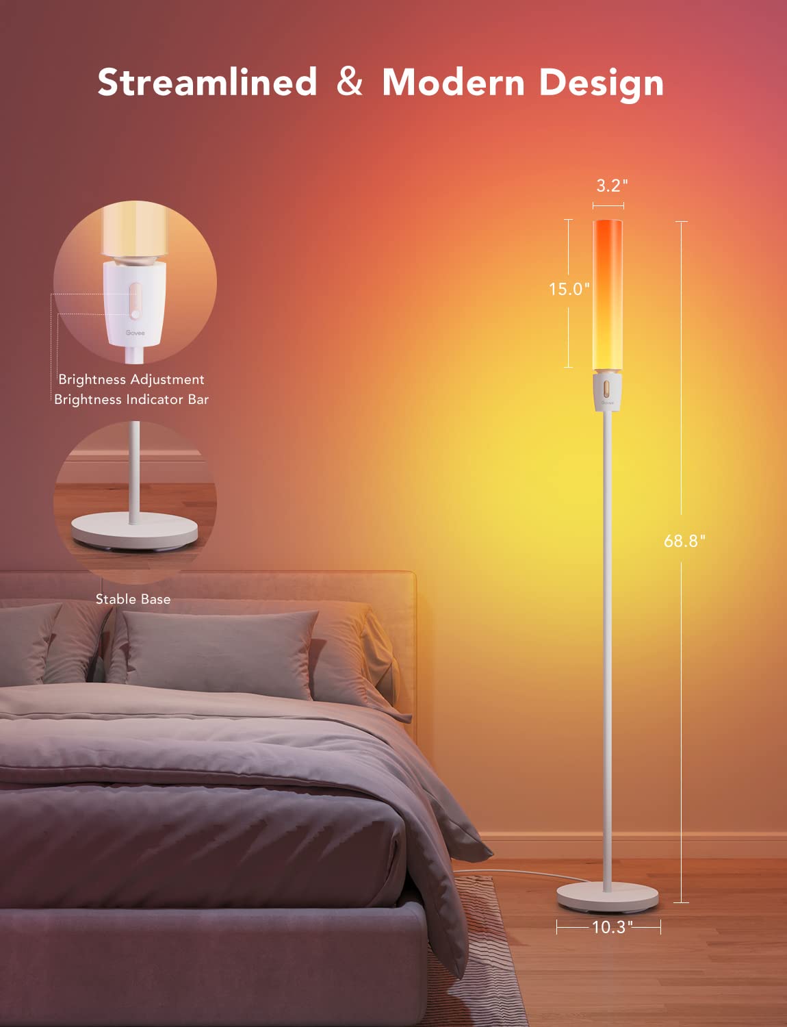 جوفي مصباح ارضي LED اسطواني ار جي بي اي سي مع تحكم عبر تطبيق واي فاي، مصباح ذكي مع اكثر من 64 مشهد، وضع تصنعه بنفسك، 1500 لومن، مصباح عصري لغرفة النوم